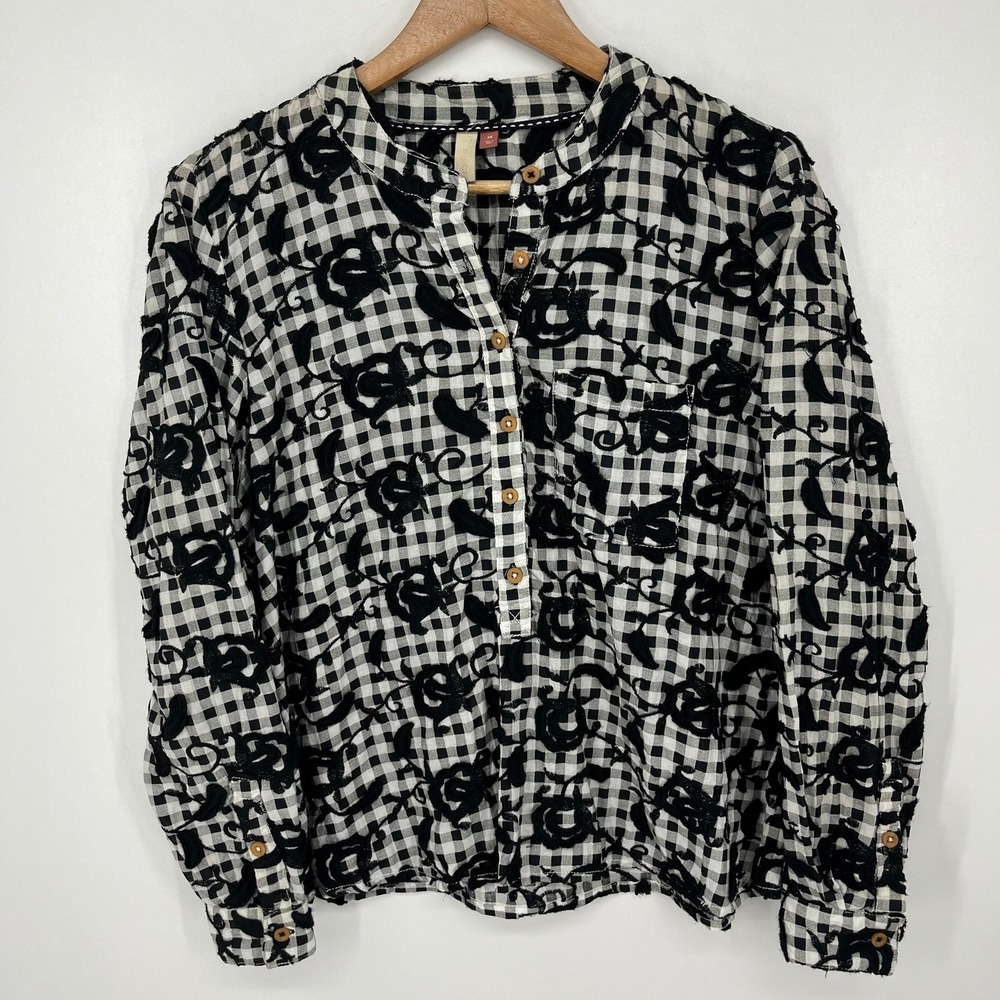 Pilcro and the Letterpress Gingham Embroidered Floral Top Black White XS